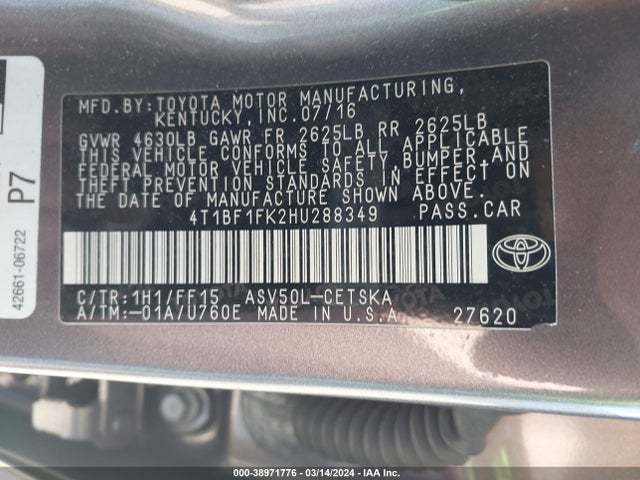 Toyota CAMRY SE 2017 4T1BF1FK2HU288349 Image 9