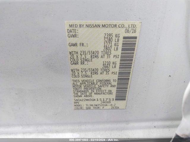 Nissan Murano Platinum 2016 5N1AZ2MH3GN151753 Image 9