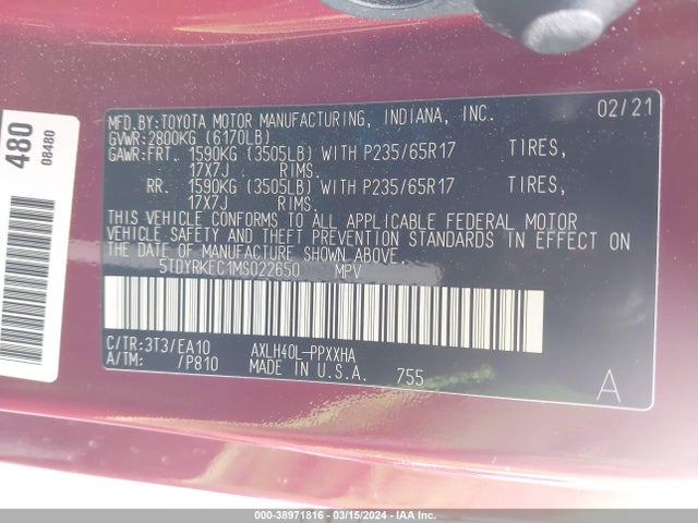 Toyota SIENNA XLE 2021 5TDYRKEC1MS022650 Image 9