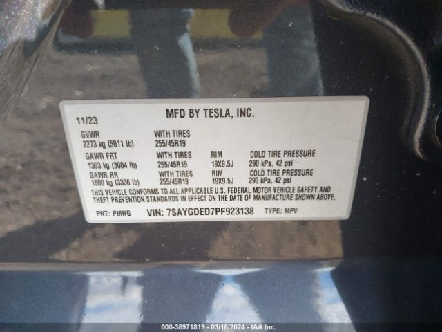 7SAYGDED7PF923138 Tesla Model Y Rwd