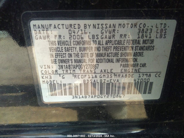 Nissan SENTRA S 2016 3N1AB7AP0GY270867 Image 9