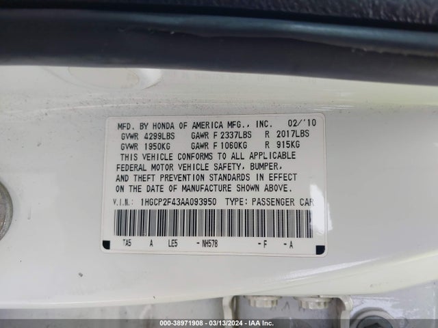 Продажа на аукционе авто 2010 Honda Accord 2.4 Lx-p, vin: 1HGCP2F43AA093950, номер лота: 38971908