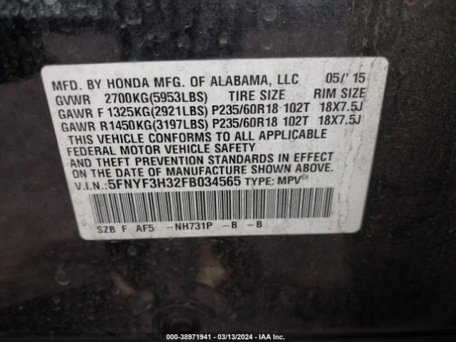 5FNYF3H32FB034565 Honda PILOT SE