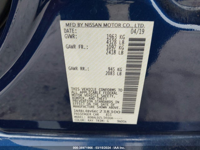 Nissan Altima 2.5 S 2019 1N4BL4BV6KC238300 Image 9