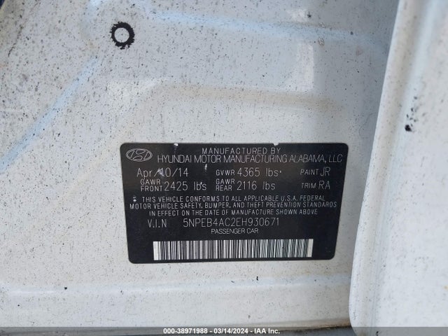 Hyundai SONATA GLS 2014 5NPEB4AC2EH930671 Image 9