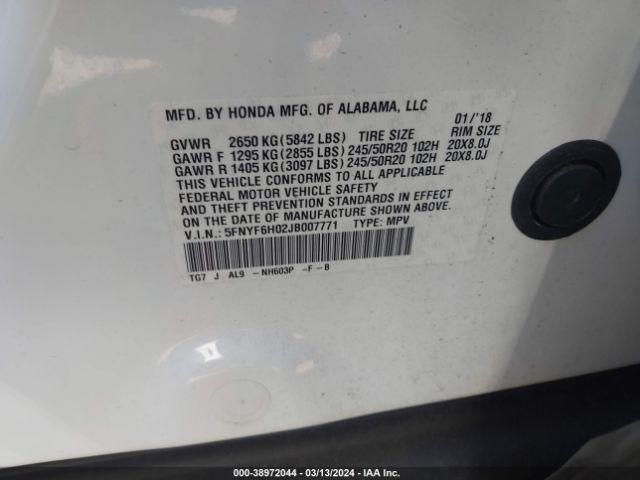 5FNYF6H02JB007771 Honda Pilot Elite