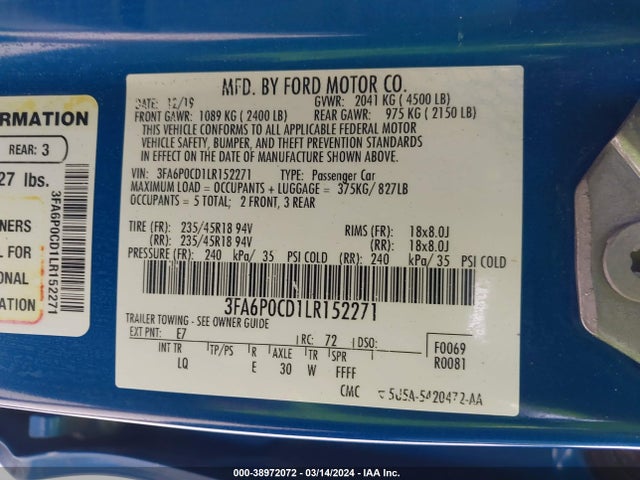 Ford FUSION SEL 2020 3FA6P0CD1LR152271 Image 9