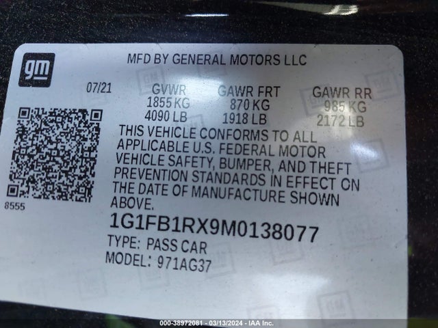 Chevrolet Camaro Rwd  1lt 2021 1G1FB1RX9M0138077 Image 9