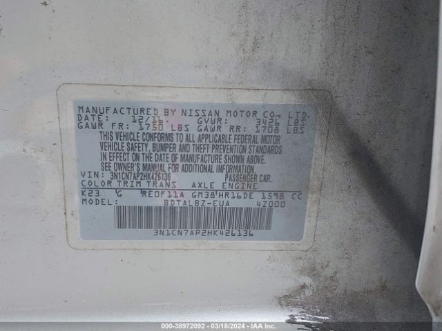 3N1CN7AP2HK426136 Nissan Versa 1.6 Sv