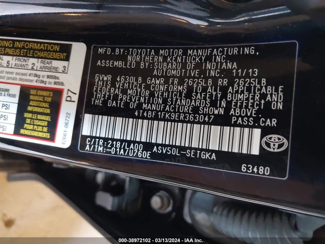 Toyota CAMRY XLE 2014 4T4BF1FK9ER363047 Image 9