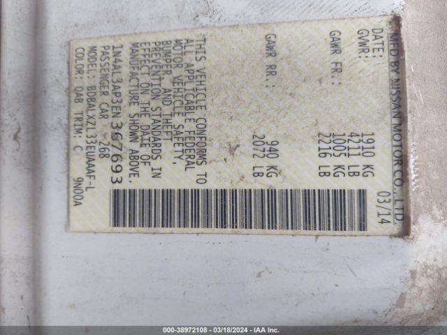 1N4AL3AP3EN367693 Nissan Altima 2.5 Sl
