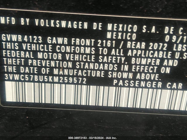 3VWC57BU5KM259572 Volkswagen Jetta 1.4t R-line/1.4t S/1.4t Se