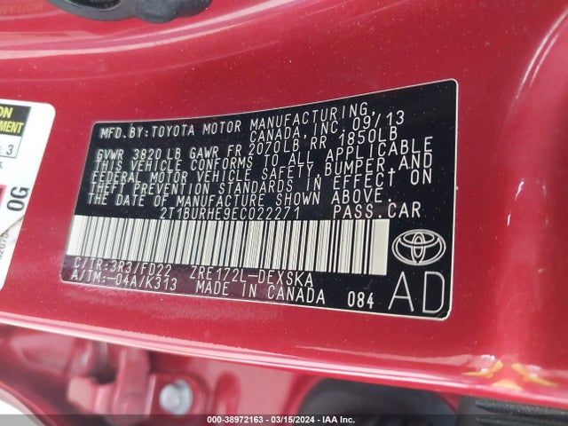 Toyota Corolla S 2014 2T1BURHE9EC022271 Image 9