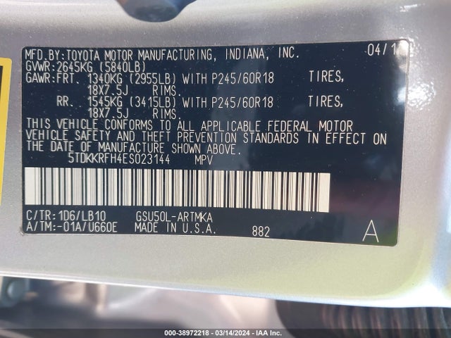 Toyota Highlander Xle V6 2014 5TDKKRFH4ES023144 Image 9