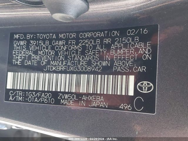 JTDKBRFUXG3008942 Toyota Prius Two