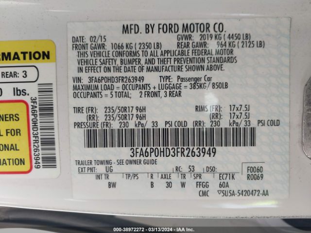 3FA6P0HD3FR263949 Ford FUSION SE