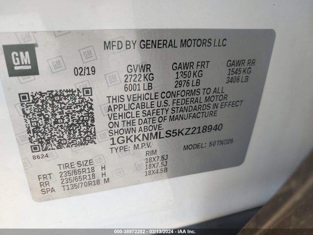 GMC Acadia Slt-1 2019 1GKKNMLS5KZ218940 Image 9