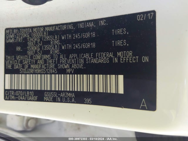Toyota Highlander Xle 2017 5TDJZRFH9HS512845 Image 9