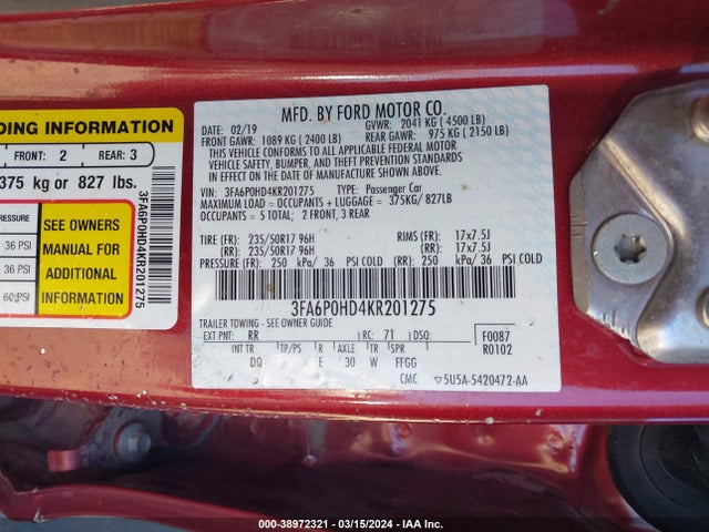 Ford FUSION SE 2019 3FA6P0HD4KR201275 Image 9