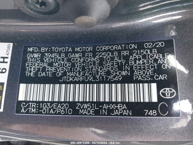 Toyota PRIUS XLE 2020 JTDKARFU9L3117549 Image 9