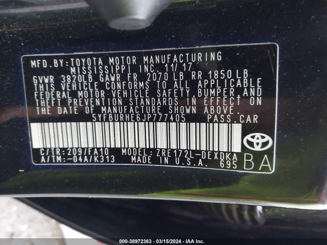 Toyota COROLLA L 2018 5YFBURHE6JP777405 Image 9