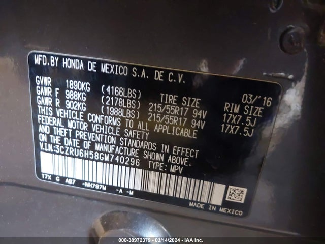 Honda HR-V EX 2016 3CZRU6H58GM740296 Image 9