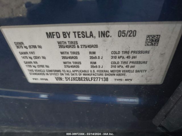 5YJXCBE26LF277138 Tesla Model X Long Range Dual Motor All-wheel Drive/long Range Plus Dual Motor All-wheel Drive