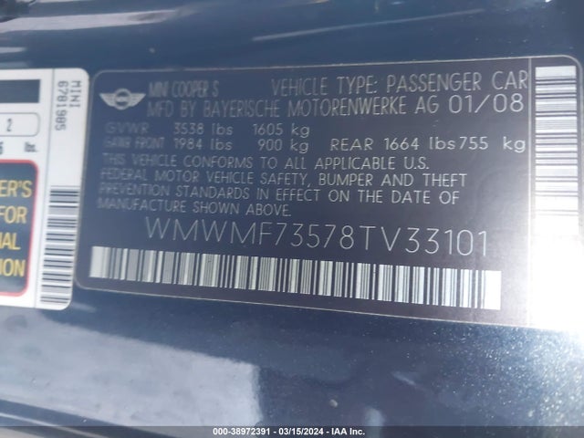2008 MINI COOPER S WMWMF73578TV33101 Photo 8