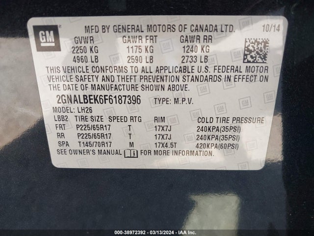 Chevrolet EQUINOX 1LT 2015 2GNALBEK6F6187396 Image 9