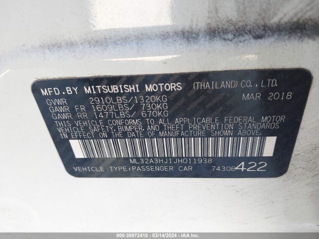 Mitsubishi MIRAGE ES 2018 ML32A3HJ1JH011938 Image 9