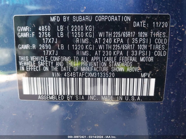 Subaru Outback Premium 2021 4S4BTAFCXM3133520 Image 9