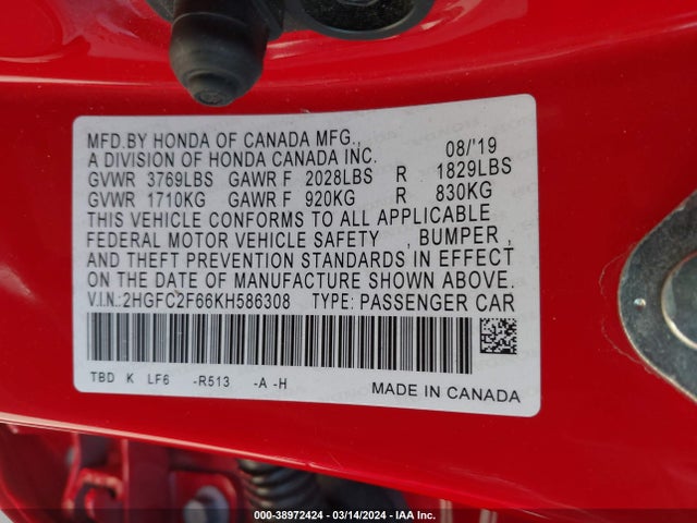 Honda Civic Lx 2019 2HGFC2F66KH586308 Image 9