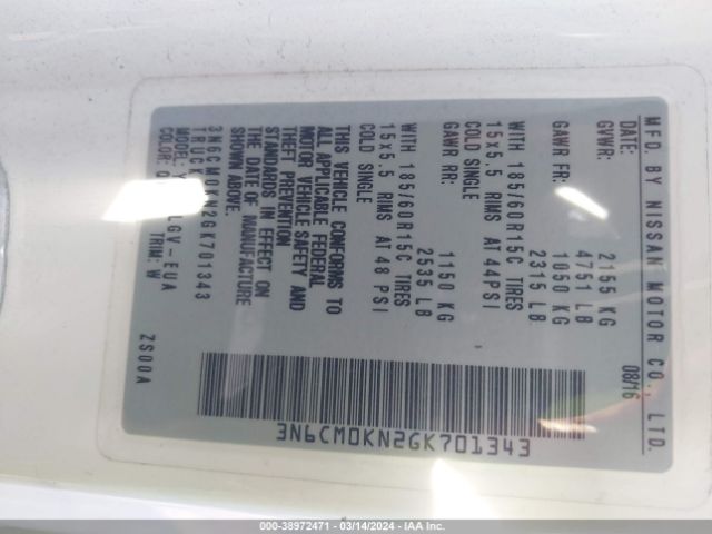 3N6CM0KN2GK701343 Nissan NV200 SV