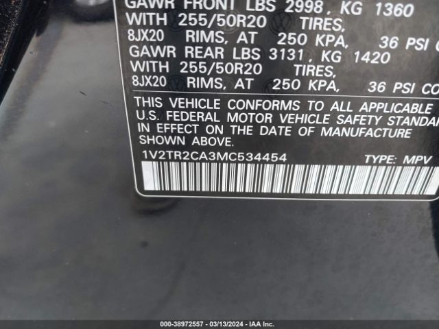 1V2TR2CA3MC534454 Volkswagen Atlas 3.6l V6 Sel Premium