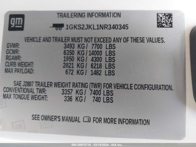 1GKS2JKL1NR340345 GMC Yukon Xl 4wd Denali