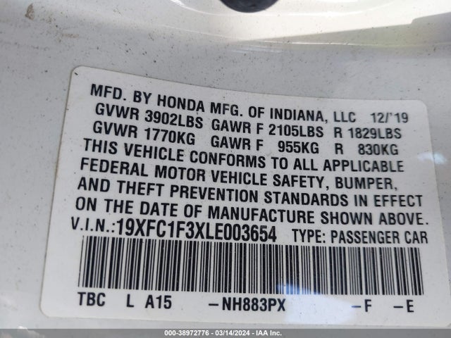 Honda CIVIC EX 2020 19XFC1F3XLE003654 Image 9