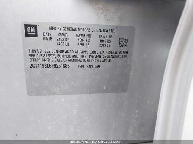 Chevrolet IMPALA 1LT 2015 2G1115SL6F9231983 Image 9