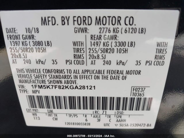 Ford Explorer Limited 2019 1FM5K7F82KGA28121 Image 9