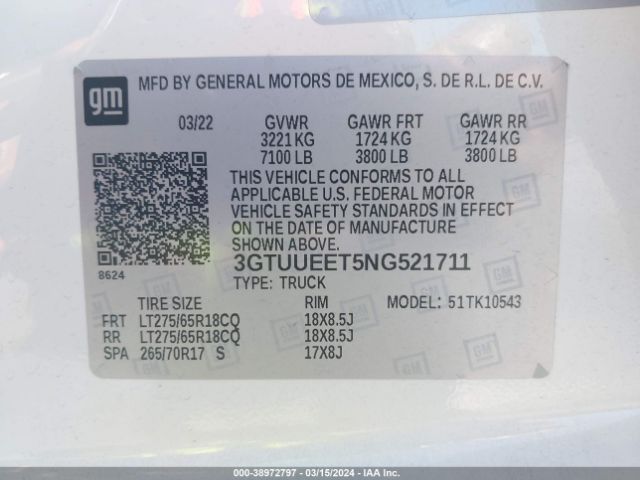 3GTUUEET5NG521711 GMC Sierra 1500 4wd  Short Box At4