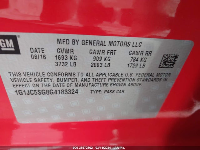 Chevrolet Sonic Lt Auto 2016 1G1JC5SG8G4183324 Image 9