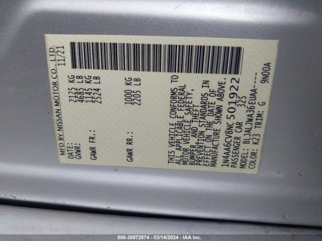 Nissan Maxima Sv Xtronic Cvt 2022 1N4AA6CV8NC501922 Image 9
