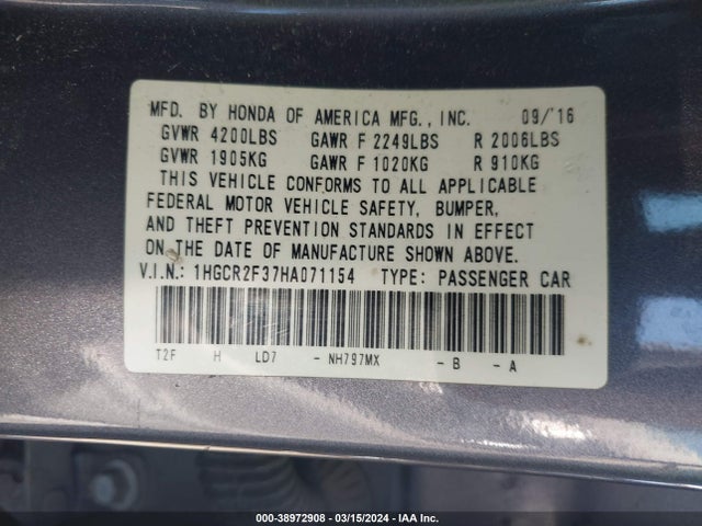 Honda ACCORD LX 2017 1HGCR2F37HA071154 Image 9