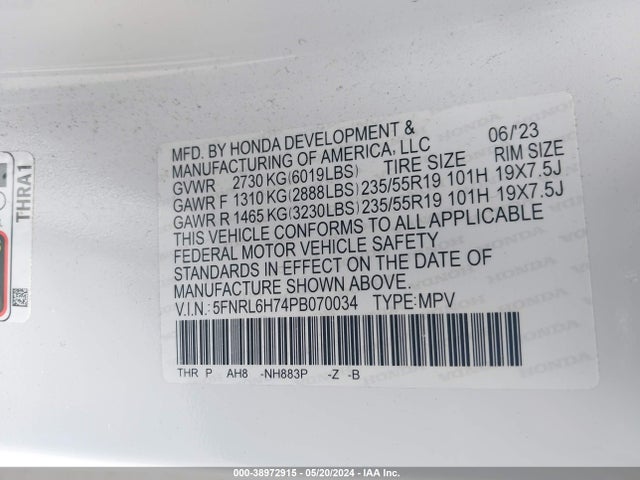 Honda Odyssey Sport 2023 5FNRL6H74PB070034 Image 9