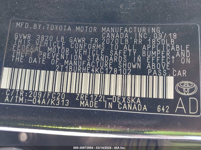 Toyota COROLLA SE 2019 2T1BURHE4KC178102 Image 9
