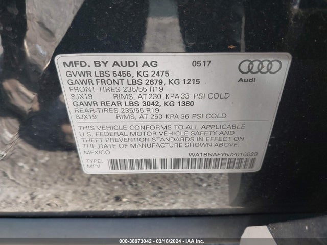 WA1BNAFY5J2016028 Audi Q5 2.0t Premium/2.0t Tech Premium