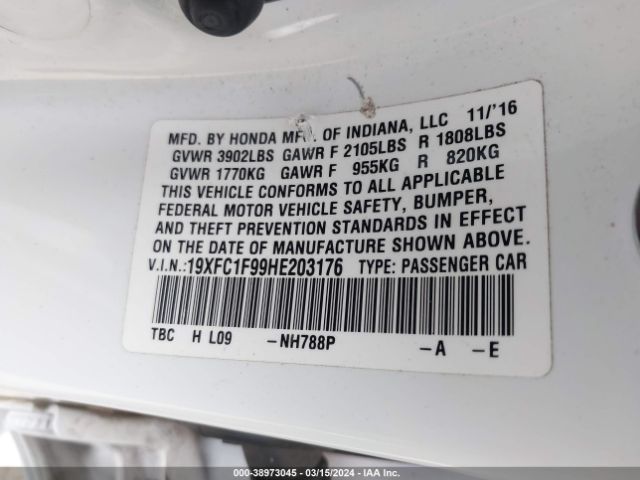19XFC1F99HE203176 Honda Civic Touring
