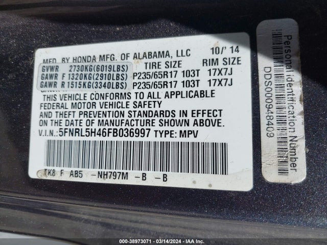 Honda ODYSSEY EX 2015 5FNRL5H46FB036997 Image 9