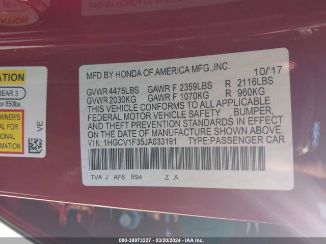 Honda Accord Sport 2018 1HGCV1F35JA033191 Image 9