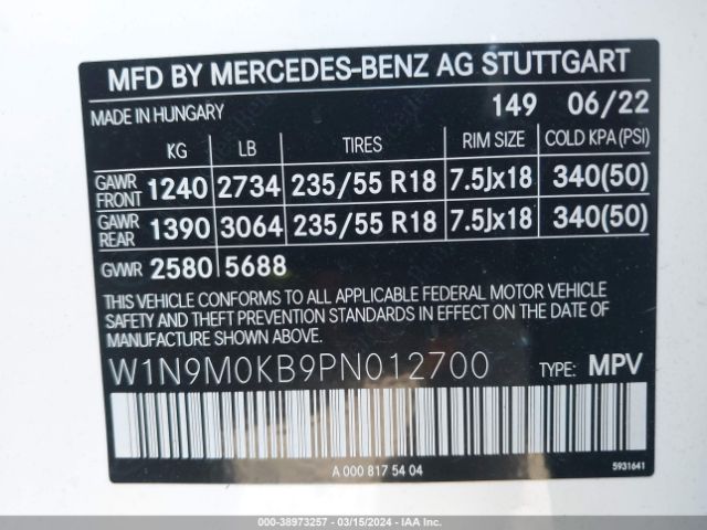 W1N9M0KB9PN012700 Mercedes-Benz Eqb 300 Suv 4matic