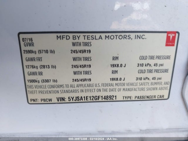 Tesla Model S 60/70/75/85 2016 5YJSA1E12GF148921 Image 9